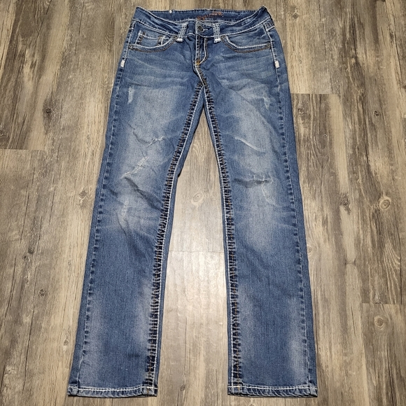 Ethanol 85 Jeans Straight Leg Medium Wash Denim Distressed Bottoms Junior Size 9 - Picture 1 of 7